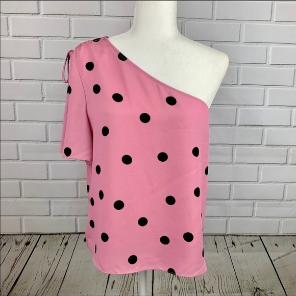🔥BAR III🔥ONE SHOULDER POLKA DOT BOUSE PINK & BLACK TOP LARGE NWT - Picture 2 of 5